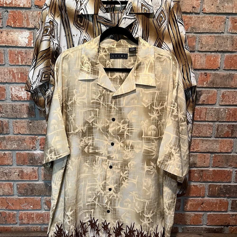 2 Gochu 3xl Hawaiian shirts/tikihut/palm tree. Both shirt short sleeve brown tan